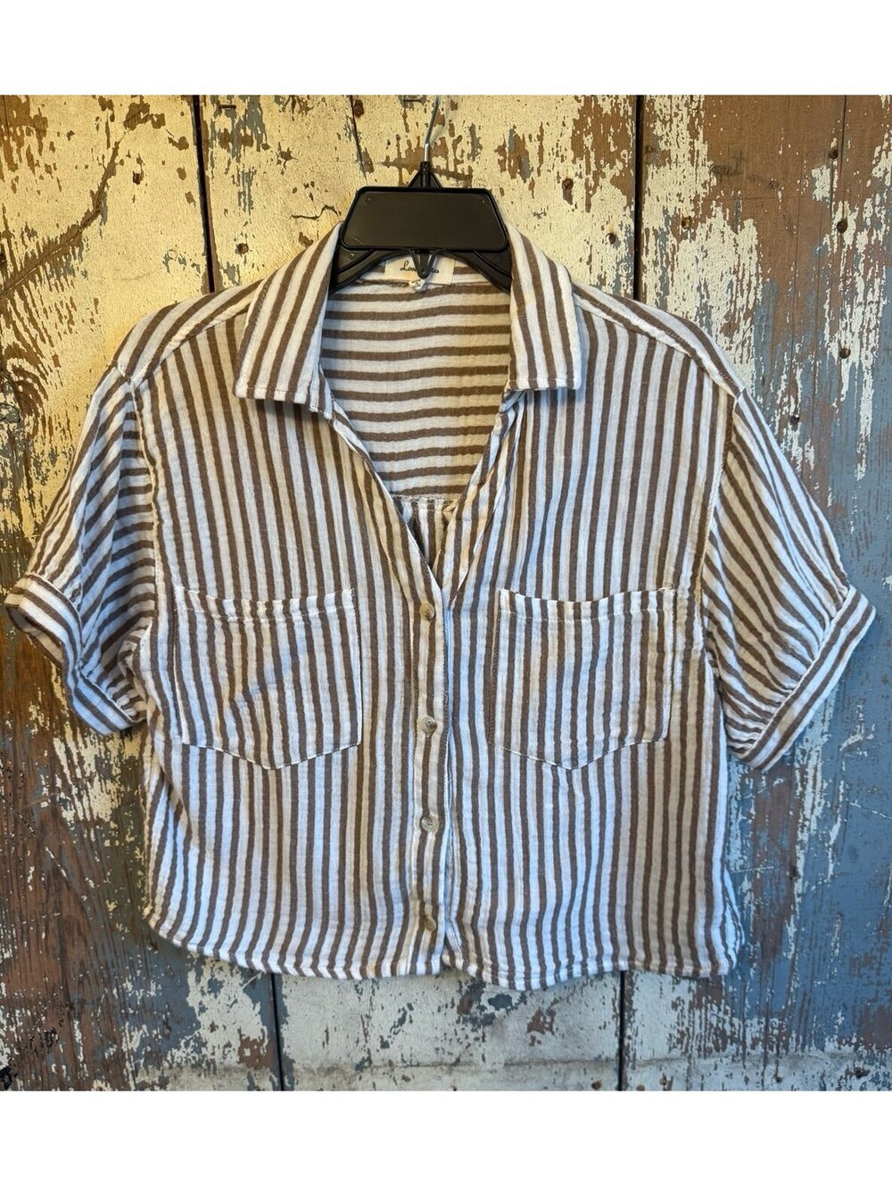 Love Notes Women's cotton gauze button down blouse, size Large brown stripes